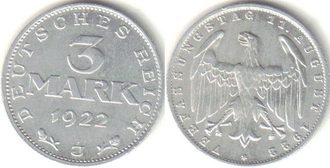 1922 J Germany 3 Mark A000255 - Click Image to Close